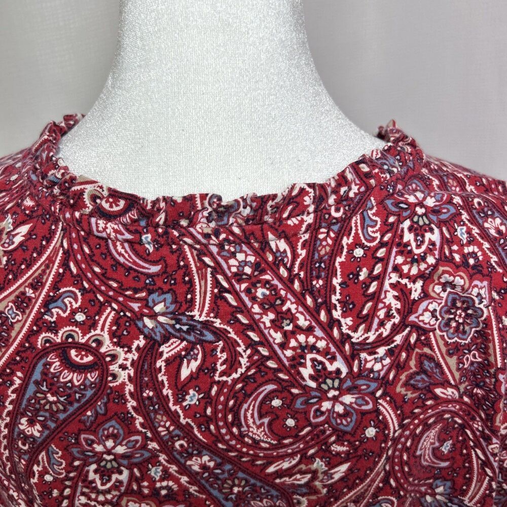 Lands End Women’s Top Size Small Red Paisley Ruffle Neck Sleeves Button Up - Picture 8 of 11